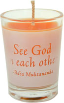 Glass candle with "See God in Each Other" quote