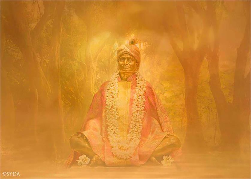 Painting of golden Nityananda statue with robes and flowers,against a golden forest background